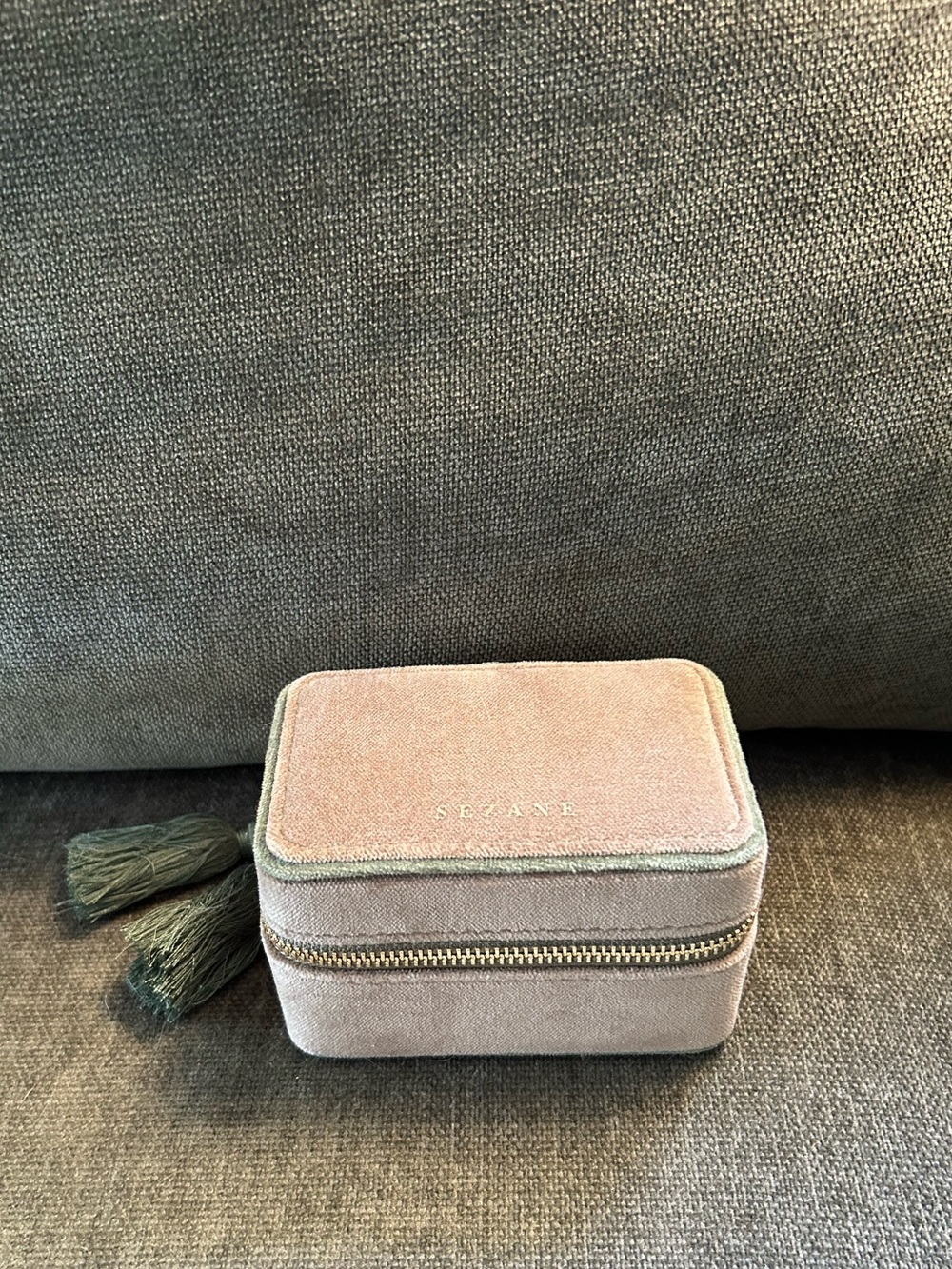 Sezane Velvet Jewelry Box - Dusty green with Green Tassels